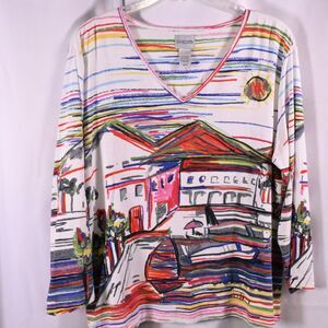 Chico's 3 Womens 16 European Vacation City Scape V-Neck 3/4 Sleeve Blouse